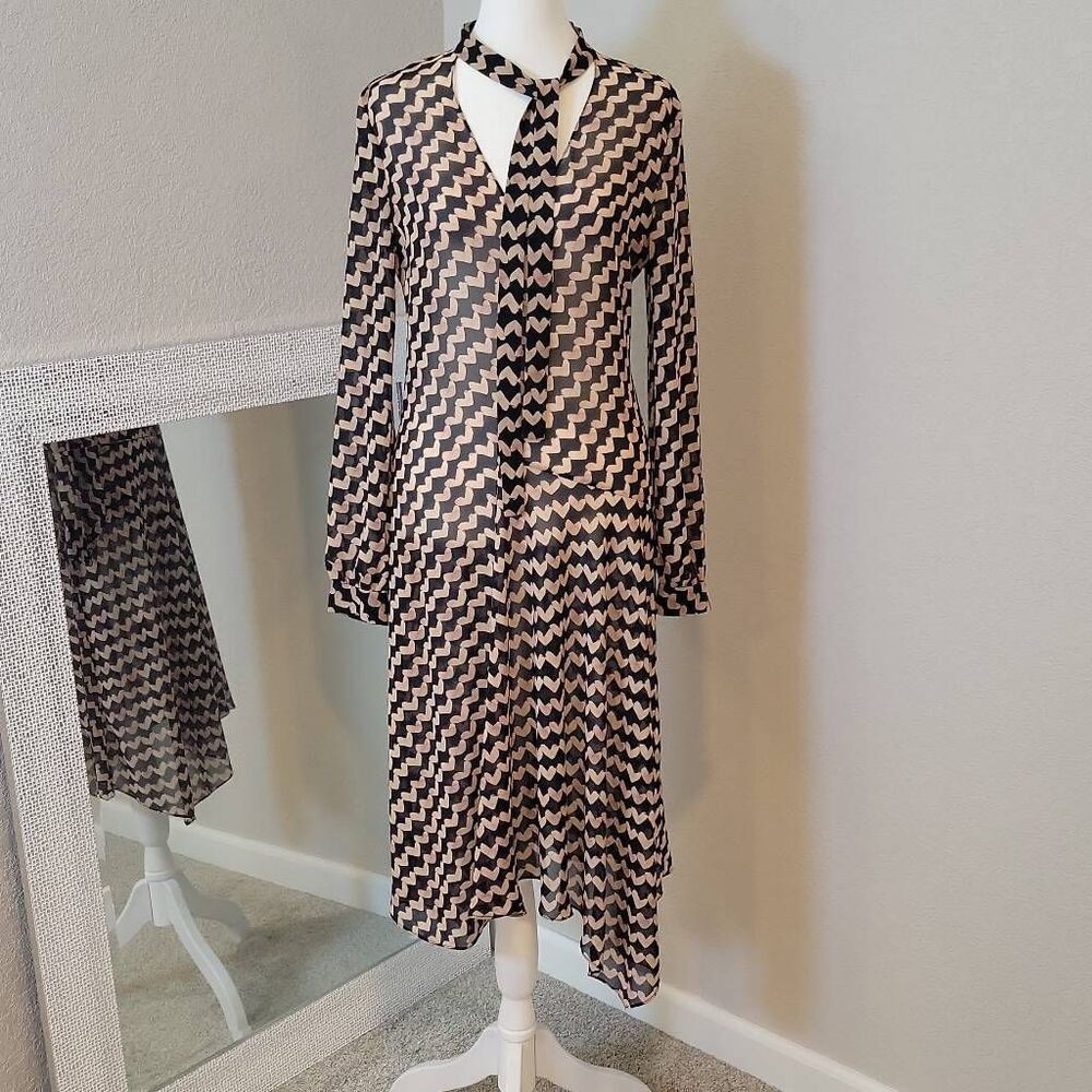 Theory Women's Black Tie-Neck Printed Draped Dress Size 2